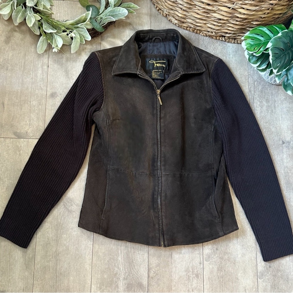 Vintage Fabio Leather Knit Zip Jacket Coat Women’s Size Medium Brown Leather